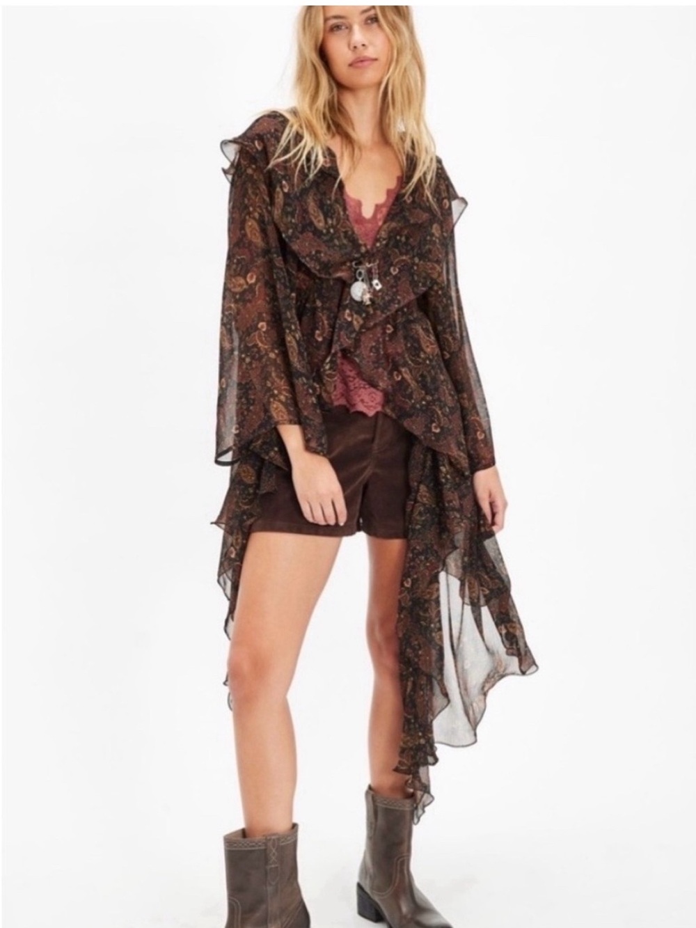 Free People Sheer Paisley Ruffle Duster/Kimono